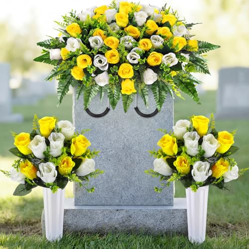 Janinka 3 Pcs Artificial Cemetery Flowers for Grave Set 1 Headstone Flower Saddle 2 Cemetery Flower with Vase Memorial Rose Bouquet for Outdoor Graveyard Gravesite DecorYellow White - Image 1