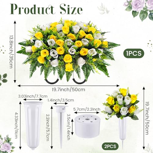 Janinka 3 Pcs Artificial Cemetery Flowers for Grave Set 1 Headstone Flower Saddle 2 Cemetery Flower with Vase Memorial Rose Bouquet for Outdoor Graveyard Gravesite DecorYellow White - Image 3