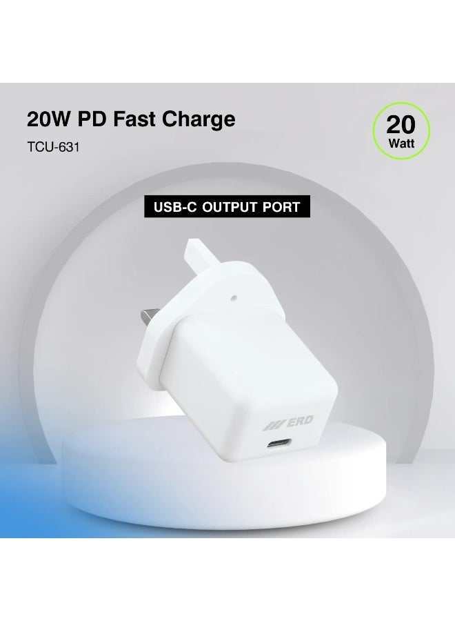 ERD شاحن سريع ERD بقوة 20 واط بتقنية PD، محول طاقة USB من النوع C | شحن سريع بمنفذ واحد | حماية من قصر الدائرة والحمل الزائد | متوافق مع أجهزة سامسونج جالاكسي S25، S24، S23، سلسلة A، وغيرها من أجهزة USB-C - Image 1