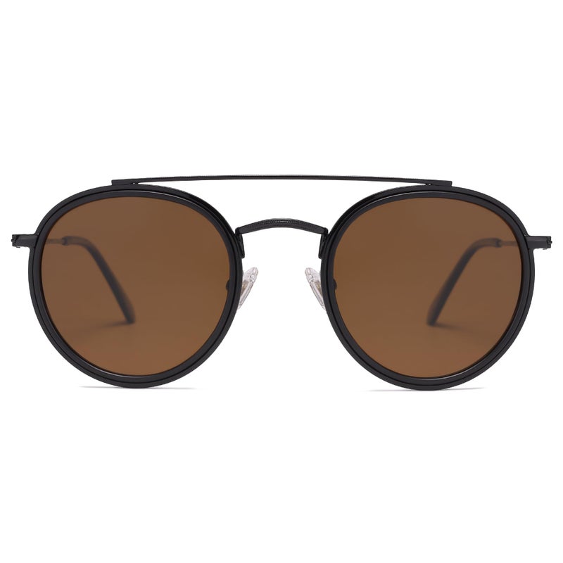 SOJOS Retro Vintage Round Polarized Sunglasses for Women Men Small Double Bridge Circle Sunnies SJ1104, Shiny Black/Brown - Image 1