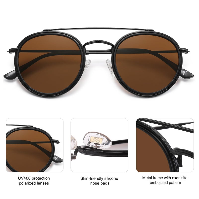 SOJOS Retro Vintage Round Polarized Sunglasses for Women Men Small Double Bridge Circle Sunnies SJ1104, Shiny Black/Brown - Image 3