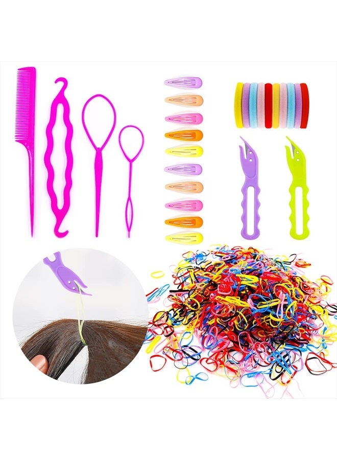Xaena 1000Pcs Elastic Hair Bands 2Pcs Rubber Hair Band Remover Cutter 2Pcs Topsy Tail Hair Tool Kit 10Pcs Hair Clips 10Pcs Hair Ties for Toddler Baby Girls Pain Free Ponytail Remover Tool Hair Styling Set - Image 1