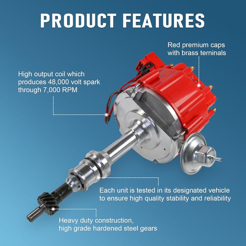 JDMSPEED HEI Ignition Distributor with 65K Volt Coil Replacement For Ford Small Block SBF 221 260 289 302 5.0 Replace 1030213, PE330, PE330U, JM6502RD Red Cap - Image 4