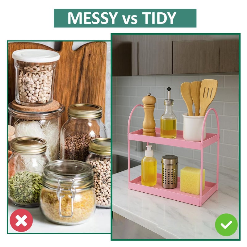 Go Hooked رف حمام قائم ذو طبقتين منظم سطح الطاولة صينية تجميل تخزين مكياج رف توابل مطبخ (وردي، معدني، عبوة من 1) - Image 5