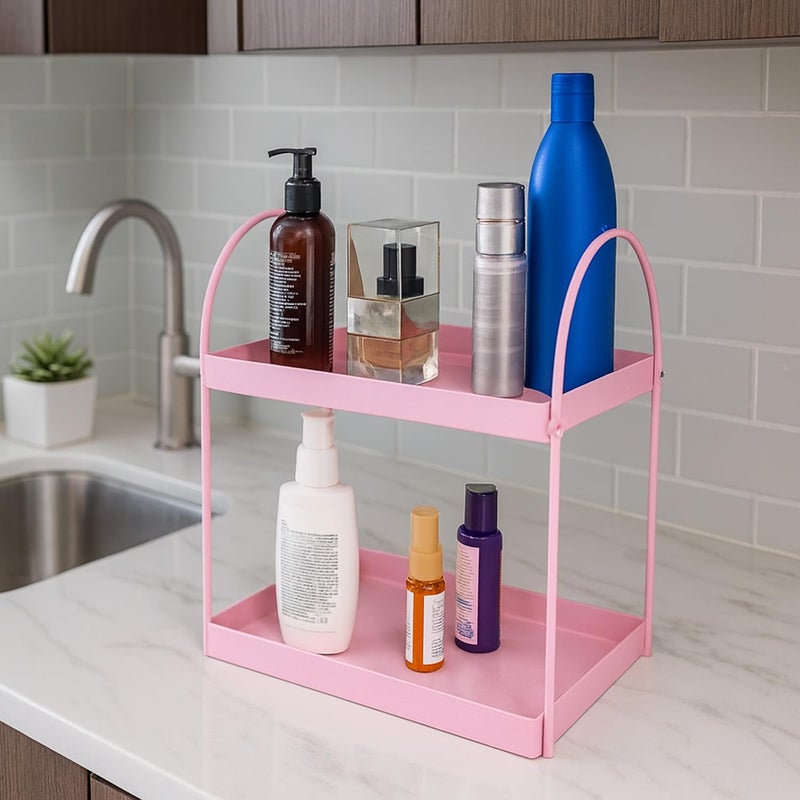 Go Hooked رف حمام قائم ذو طبقتين منظم سطح الطاولة صينية تجميل تخزين مكياج رف توابل مطبخ (وردي، معدني، عبوة من 1) - Image 3