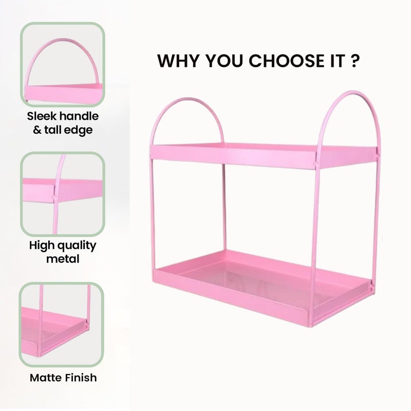 Go Hooked رف حمام قائم ذو طبقتين منظم سطح الطاولة صينية تجميل تخزين مكياج رف توابل مطبخ (وردي، معدني، عبوة من 1) - Image 4