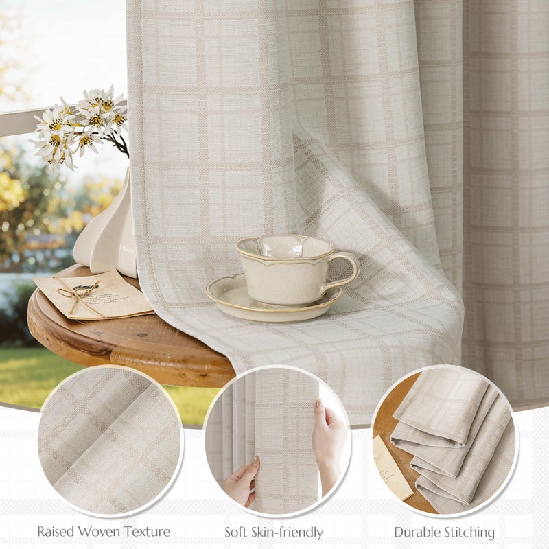 Beauoop Beige Plaid Jacquard Blackout Curtains 63 Inches Long 2 Panels for Bedroom Living Room Gingham Checkered Room Darkening Thermal Insulated Soundproof Grommet Window Drapes, 52x63 2 Set - Image 4
