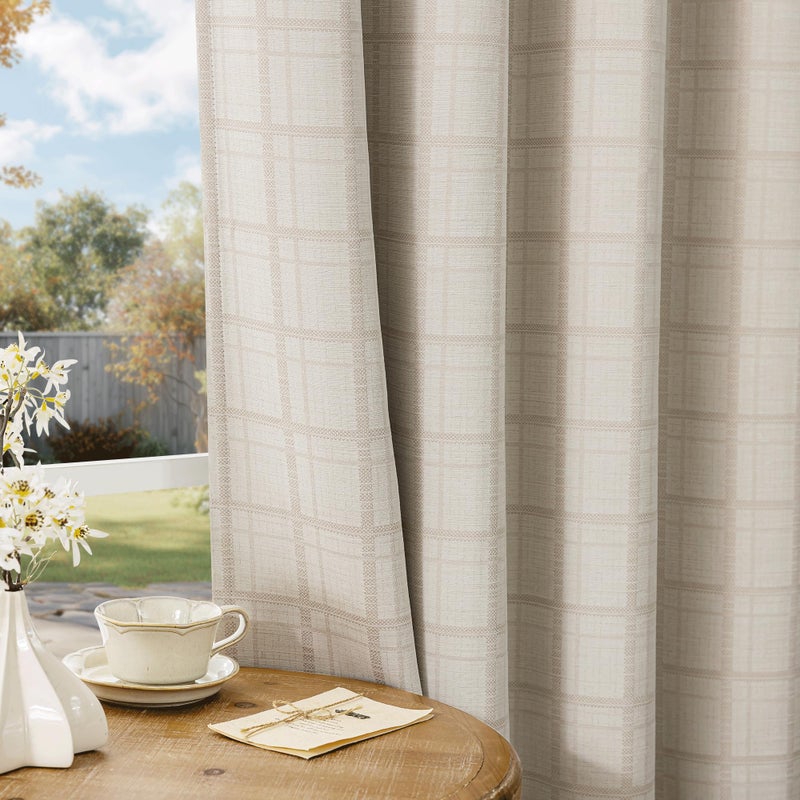 Beauoop Beige Plaid Jacquard Blackout Curtains 63 Inches Long 2 Panels for Bedroom Living Room Gingham Checkered Room Darkening Thermal Insulated Soundproof Grommet Window Drapes, 52x63 2 Set - Image 1