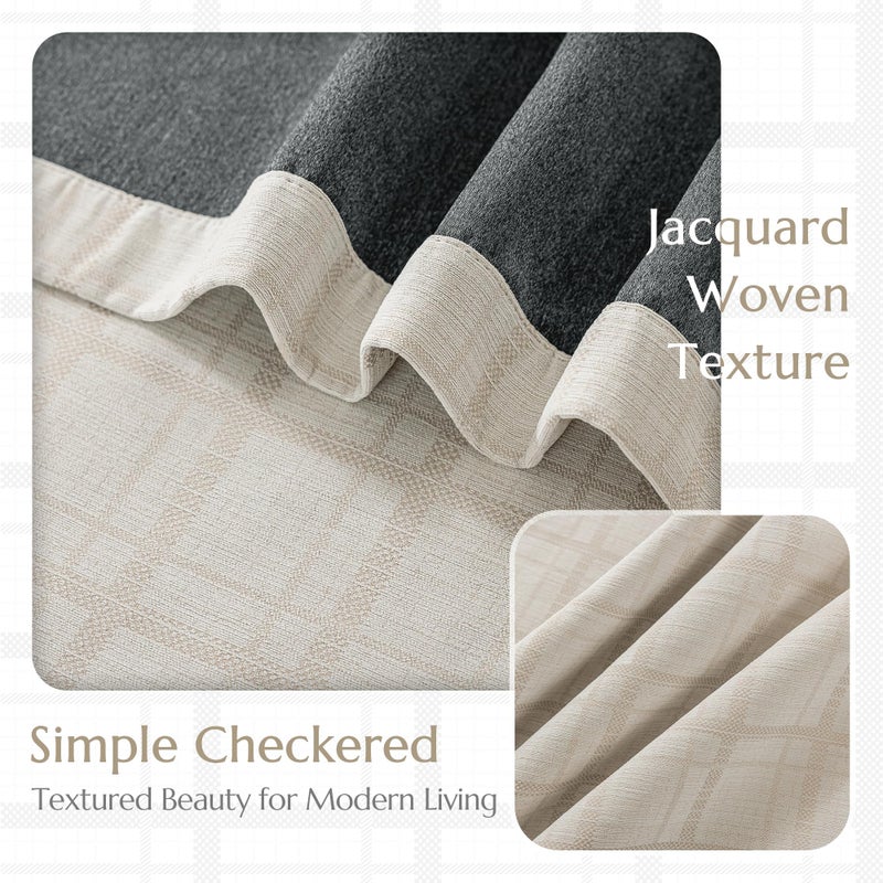 Beauoop Beige Plaid Jacquard Blackout Curtains 63 Inches Long 2 Panels for Bedroom Living Room Gingham Checkered Room Darkening Thermal Insulated Soundproof Grommet Window Drapes, 52x63 2 Set - Image 3