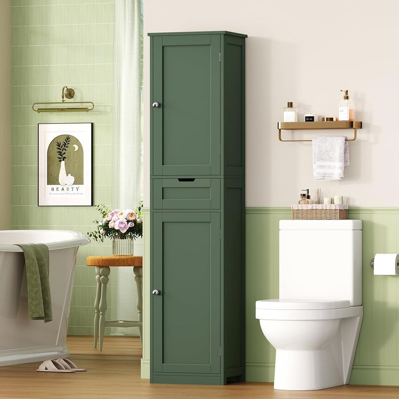 Iwell Tall Bathroom Storage Cabinet with 2 Doors & 1 Drawer, Narrow Storage Cabinet with Adjustable Shelves, for Living Room, Bathroom, Kitchen, Forest Green - Image 1