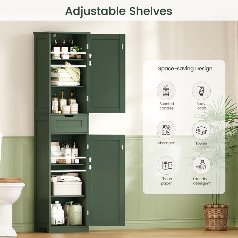 Iwell Tall Bathroom Storage Cabinet with 2 Doors & 1 Drawer, Narrow Storage Cabinet with Adjustable Shelves, for Living Room, Bathroom, Kitchen, Forest Green - Image 3