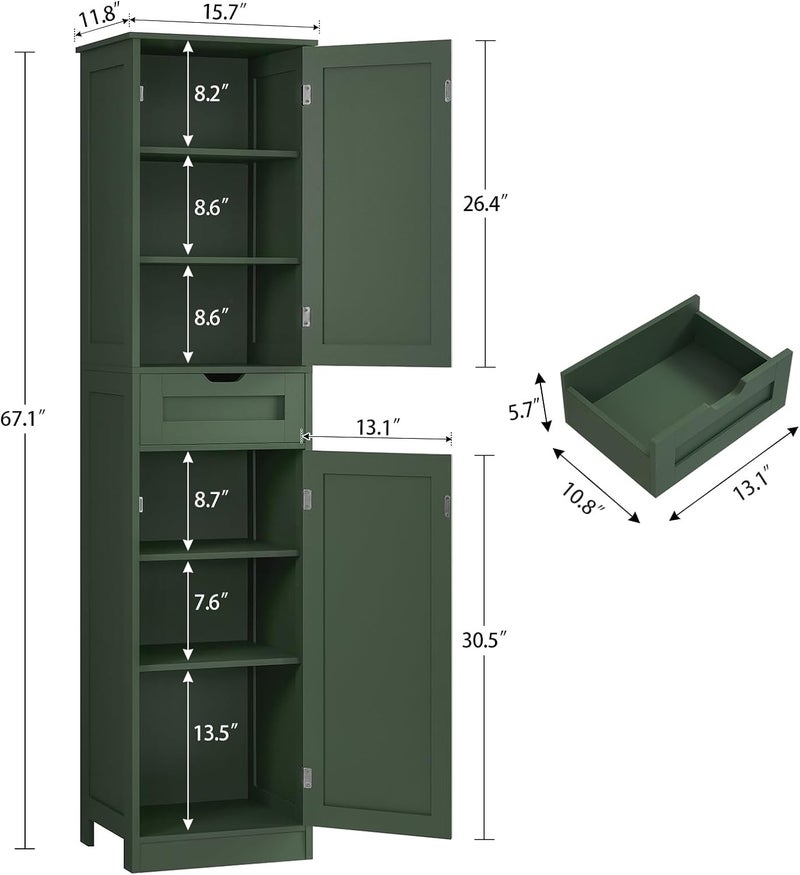 Iwell Tall Bathroom Storage Cabinet with 2 Doors & 1 Drawer, Narrow Storage Cabinet with Adjustable Shelves, for Living Room, Bathroom, Kitchen, Forest Green - Image 2