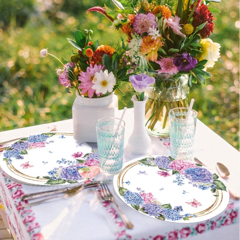 Tarklanda Paper Placemats Disposable 50 Pack Hydrangea Placemats 13.4 Inch Hydrangea Floral Place Mats Round Table Mats Spring Summer Table Mats for Birthday Wedding Party Supplies - Image 5