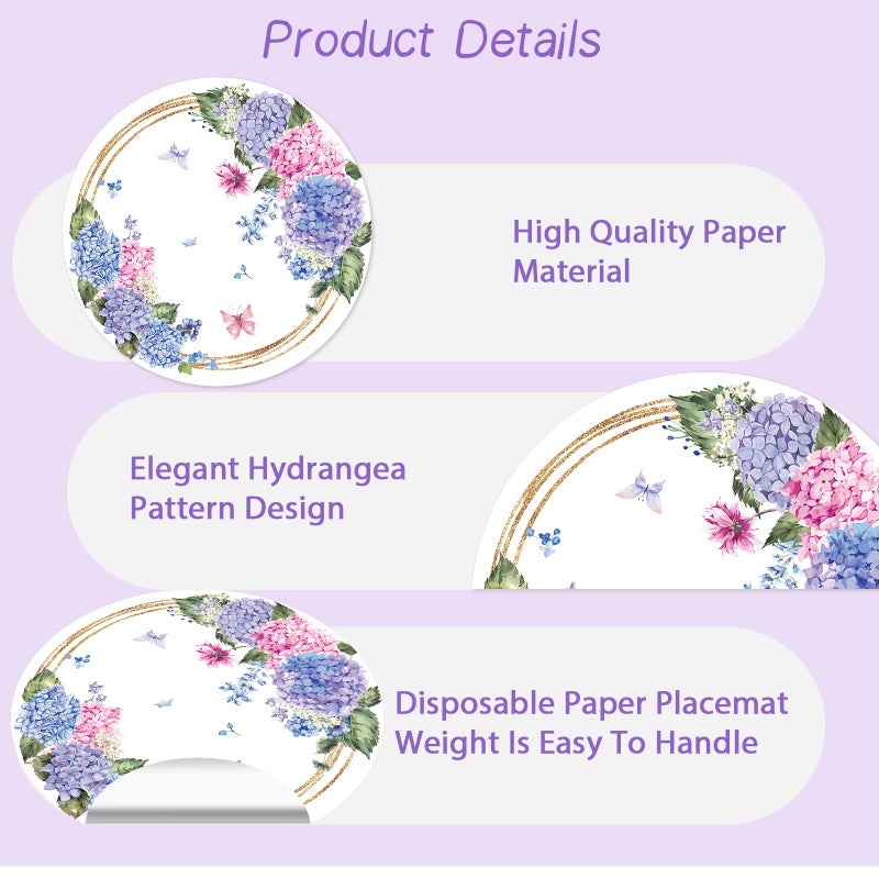 Tarklanda Paper Placemats Disposable 50 Pack Hydrangea Placemats 13.4 Inch Hydrangea Floral Place Mats Round Table Mats Spring Summer Table Mats for Birthday Wedding Party Supplies - Image 3