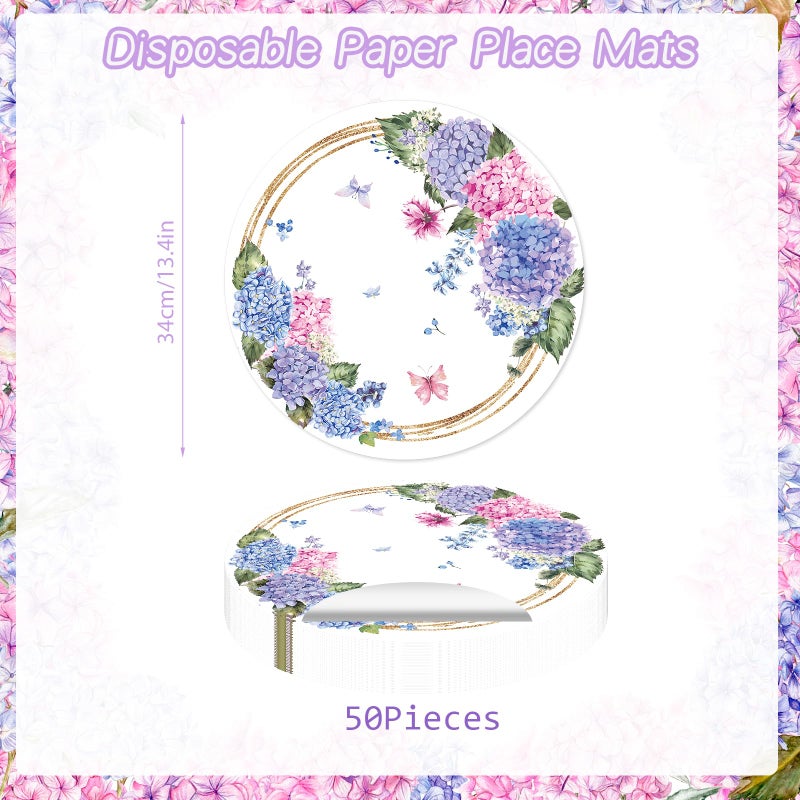 Tarklanda Paper Placemats Disposable 50 Pack Hydrangea Placemats 13.4 Inch Hydrangea Floral Place Mats Round Table Mats Spring Summer Table Mats for Birthday Wedding Party Supplies - Image 2