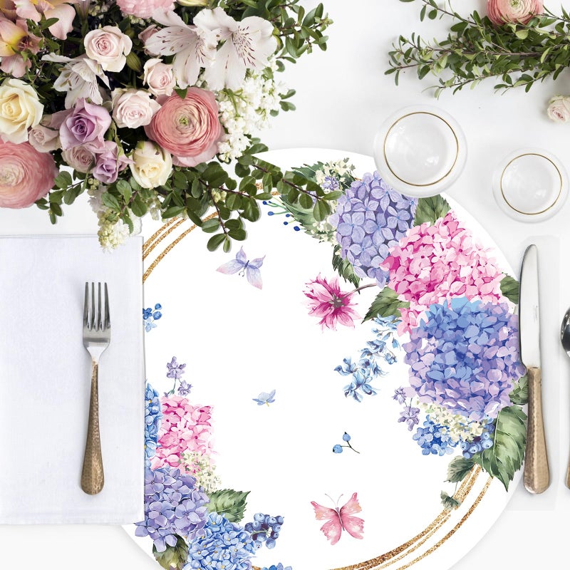 Tarklanda Paper Placemats Disposable 50 Pack Hydrangea Placemats 13.4 Inch Hydrangea Floral Place Mats Round Table Mats Spring Summer Table Mats for Birthday Wedding Party Supplies - Image 4