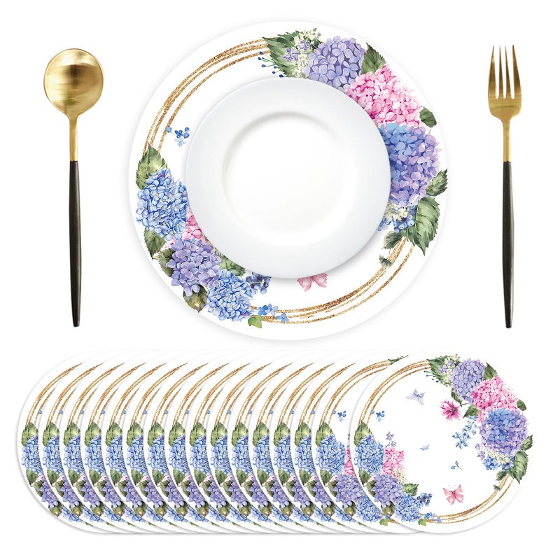Tarklanda Paper Placemats Disposable 50 Pack Hydrangea Placemats 13.4 Inch Hydrangea Floral Place Mats Round Table Mats Spring Summer Table Mats for Birthday Wedding Party Supplies - Image 1