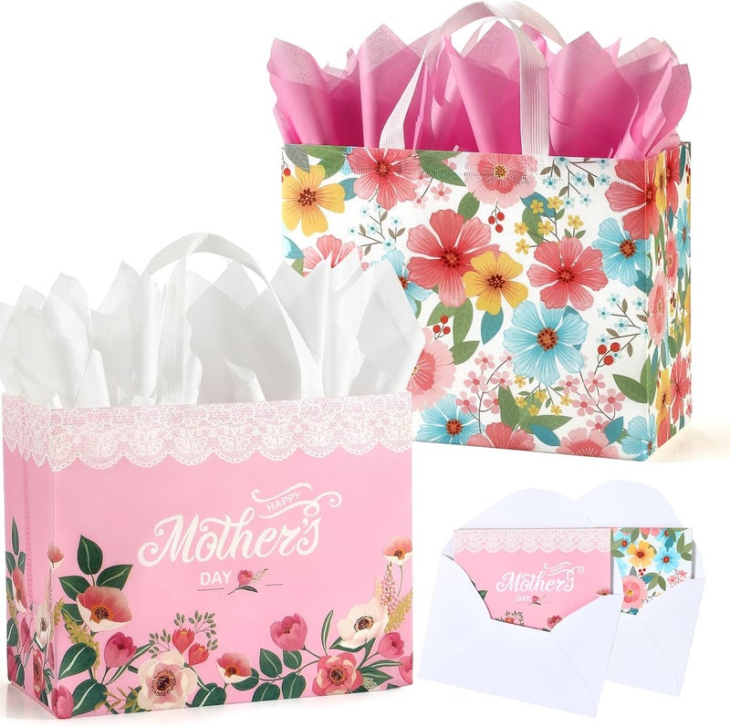 13" Mother's Day Gift Bags with Tissue Paper - 2 Pack Reusable Floral Gift Bags - Image 1