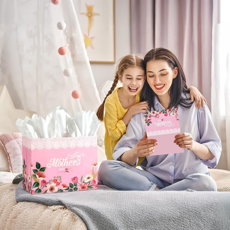 13" Mother's Day Gift Bags with Tissue Paper - 2 Pack Reusable Floral Gift Bags - Image 4