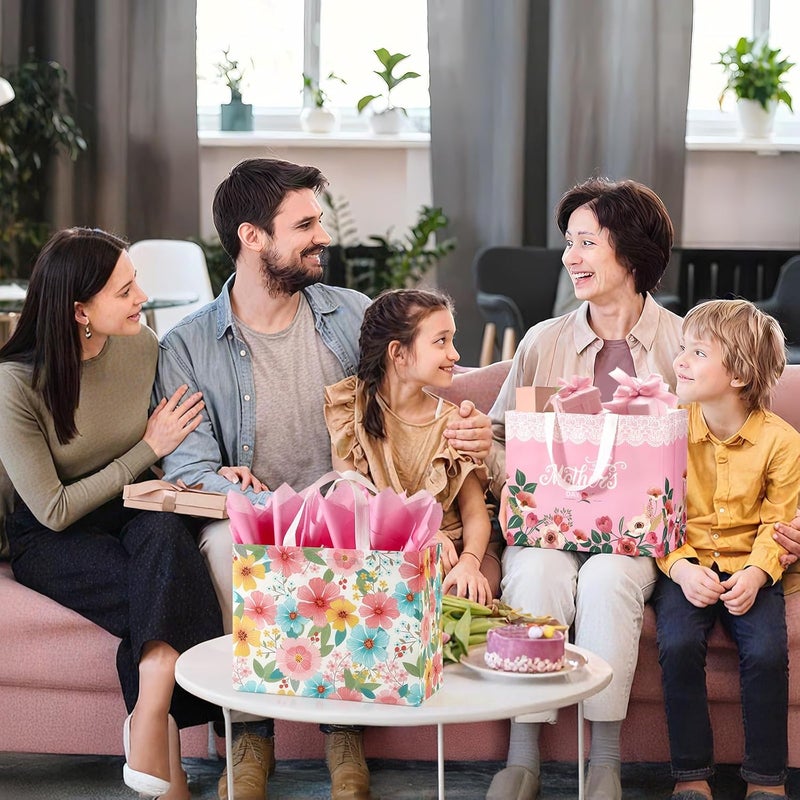 13" Mother's Day Gift Bags with Tissue Paper - 2 Pack Reusable Floral Gift Bags - Image 5