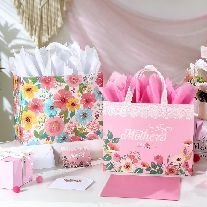 13" Mother's Day Gift Bags with Tissue Paper - 2 Pack Reusable Floral Gift Bags - Image 3