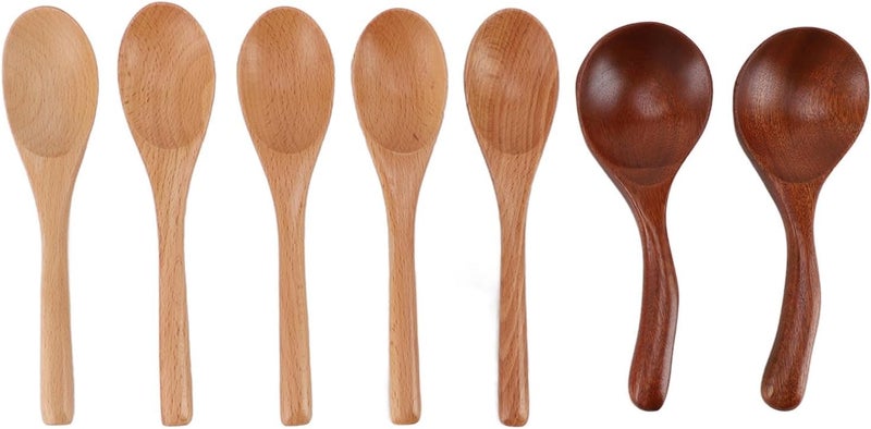 7 Piece Solid Wood Spoon Set for Cooking Mixing Stirring and Serving Natural Wooden Kitchen Utensils - Image 1