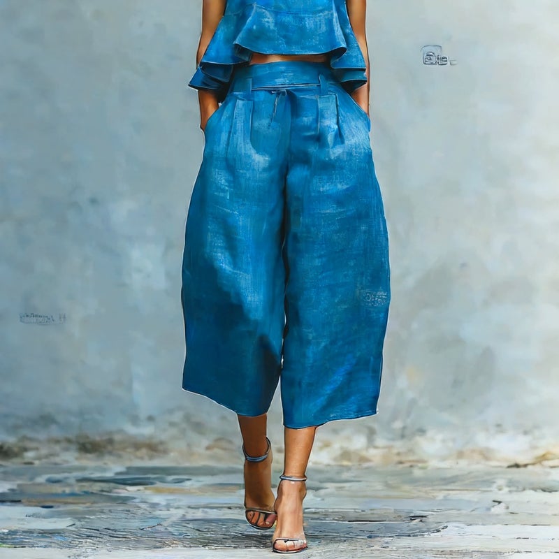 Summer Sleeveless Pleated Vest Wide Leg Pants Casual Cotton Linen Outfit Set - Image 4