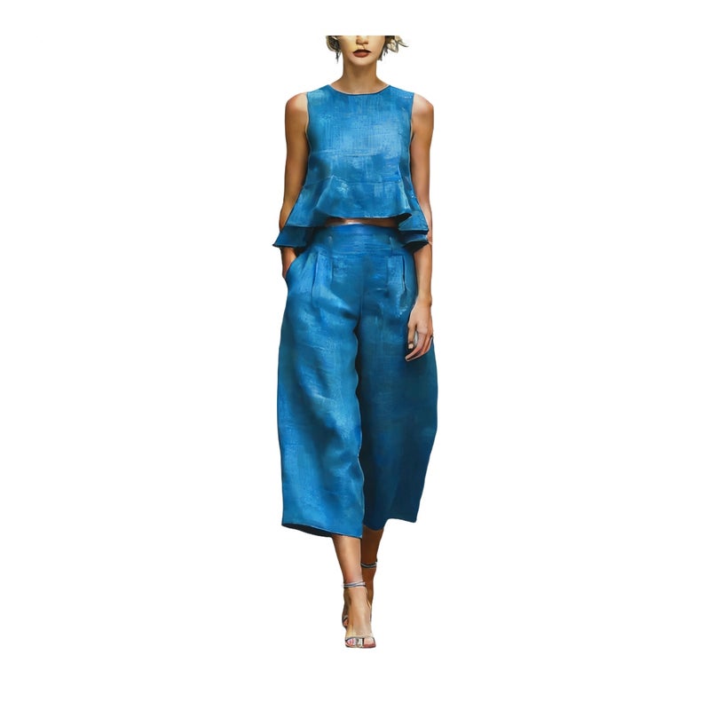 Summer Sleeveless Pleated Vest Wide Leg Pants Casual Cotton Linen Outfit Set - Image 1