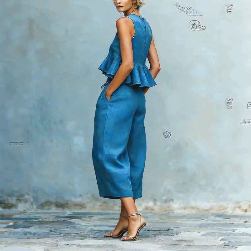 Summer Sleeveless Pleated Vest Wide Leg Pants Casual Cotton Linen Outfit Set - Image 2