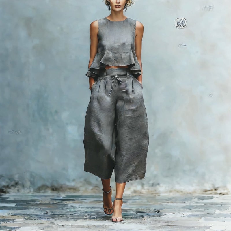 Summer Sleeveless Pleated Vest Wide Leg Pants Casual Cotton Linen Outfit Set - Image 3