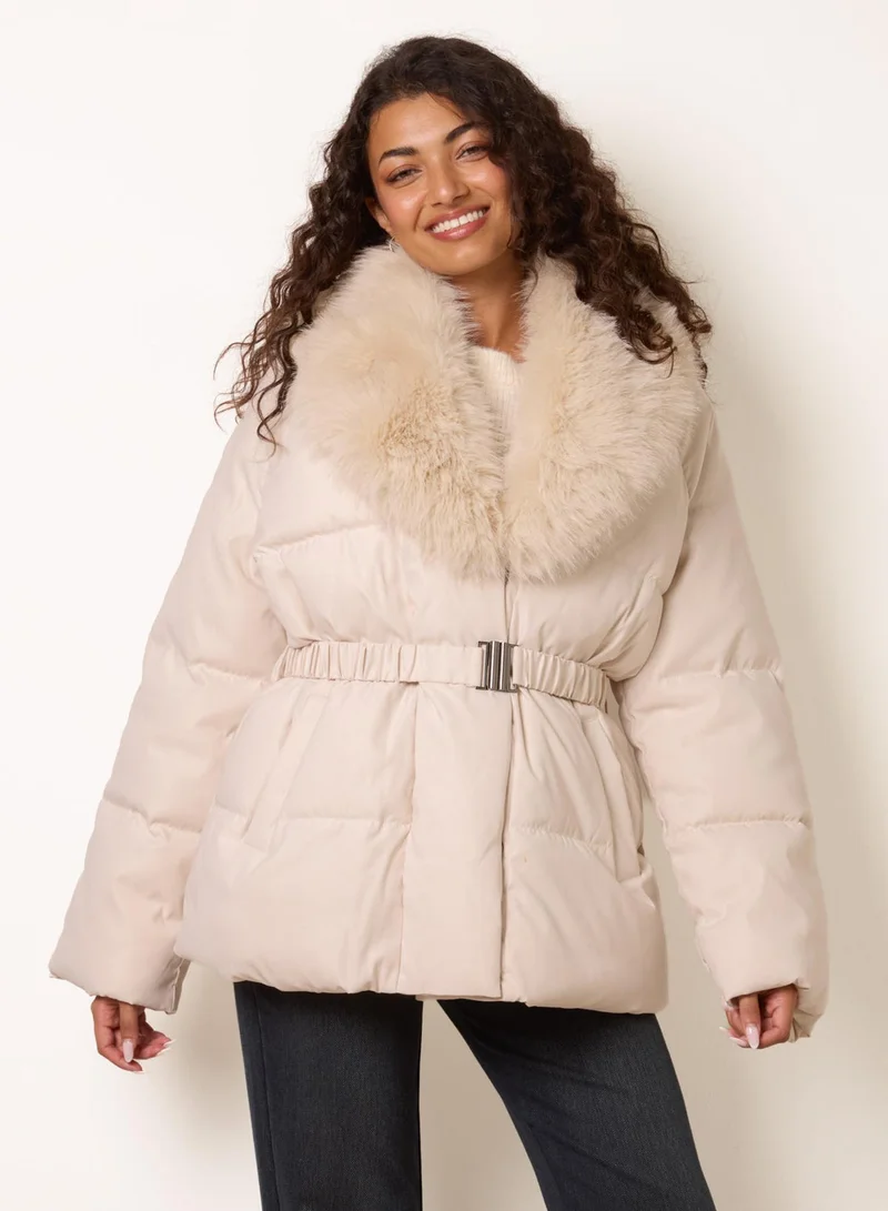 Shawl Faux Fur Collar Belted Short Puffer