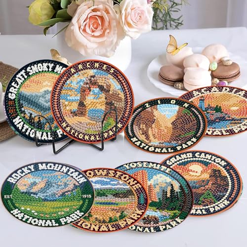 NEGEKFKX 8 Pcs National Park Diamond Art Painting Coasters Kits, Coaster with Holder for Adults, Non-Slip DIY Dot Paint Craft Kits,5D Full Drill DIY Diamond Dot Gem Art Kit Home Decor Arts Craft - Image 3