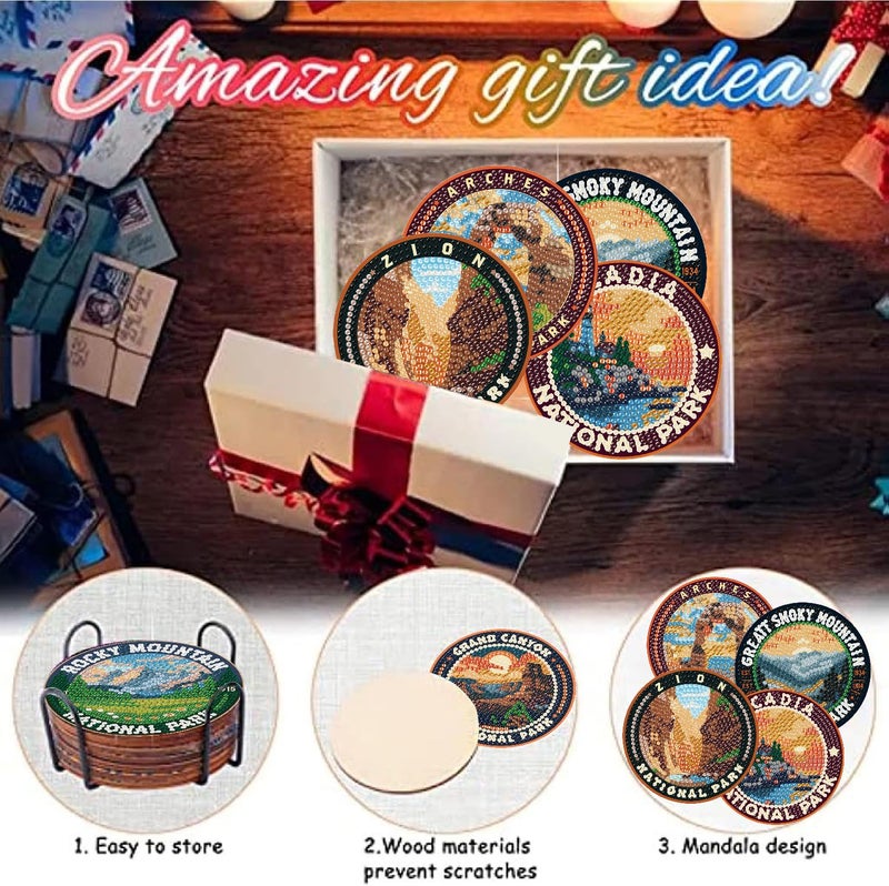 NEGEKFKX 8 Pcs National Park Diamond Art Painting Coasters Kits, Coaster with Holder for Adults, Non-Slip DIY Dot Paint Craft Kits,5D Full Drill DIY Diamond Dot Gem Art Kit Home Decor Arts Craft - Image 5