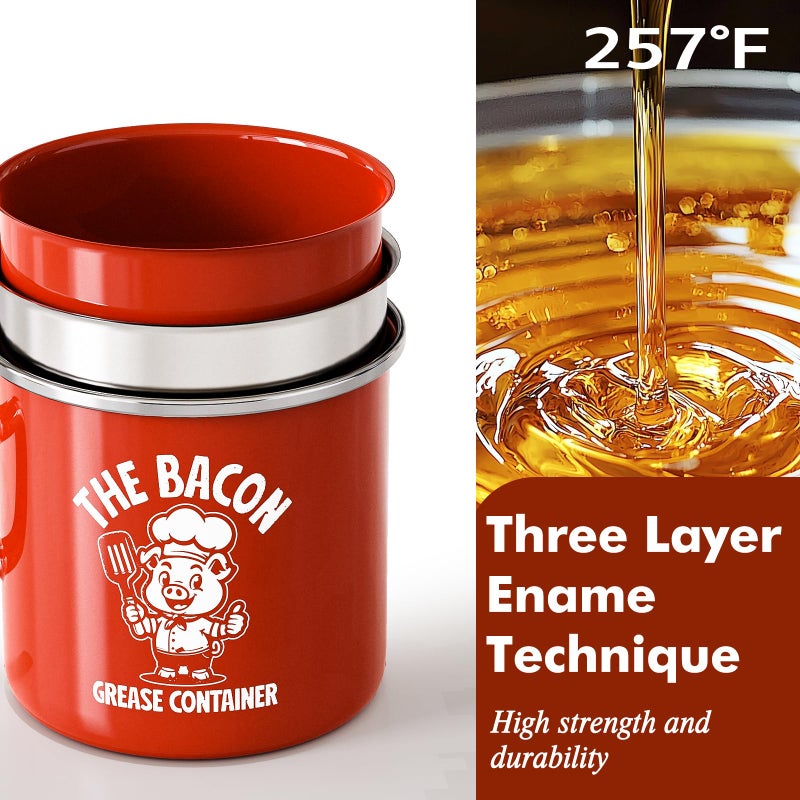 PGYARD Mini Bacon Grease Saver With Strainer - 15OZ Enamel Grease Container, Farmhouse Bacon Grease Keeper For Kitchen Fat Storage, Dishwasher Safe-Red - Image 3
