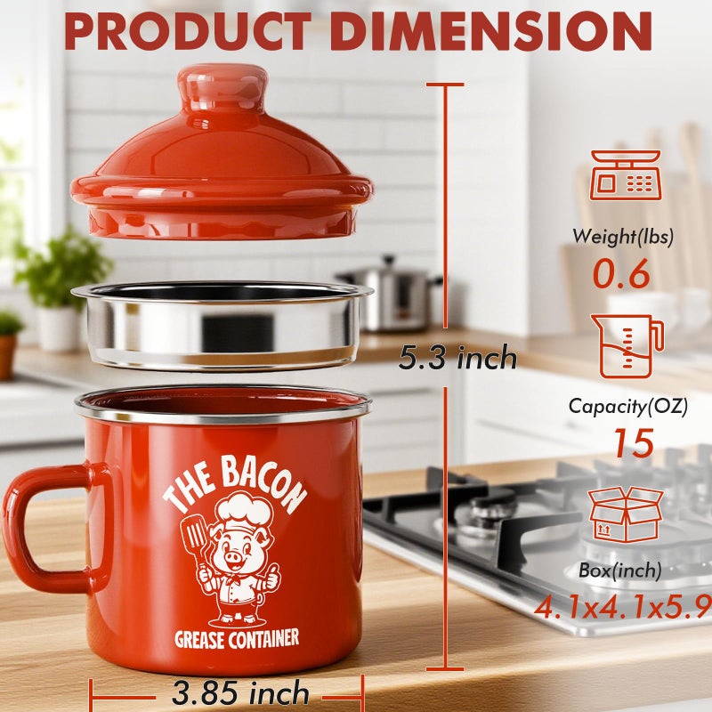 PGYARD Mini Bacon Grease Saver With Strainer - 15OZ Enamel Grease Container, Farmhouse Bacon Grease Keeper For Kitchen Fat Storage, Dishwasher Safe-Red - Image 5
