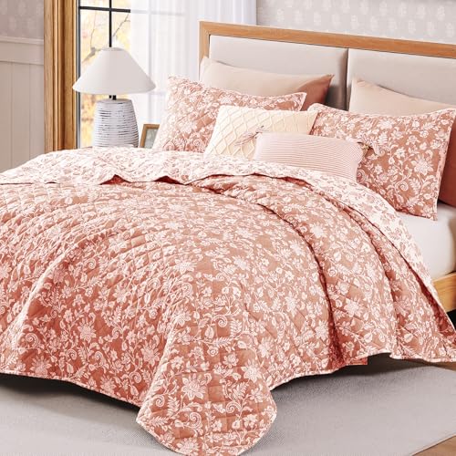 BLOOMHAVEN Quilt Set Queen Size, Clay Pink Floral Quilt Sets, Reversible Bedspread Lightweight and Breathable for All Seasons, Soft Quilted Bedspread with 2 Pillow Shams - Image 2
