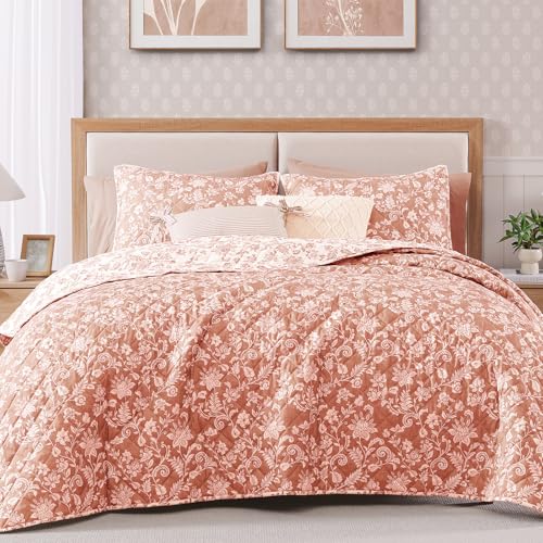 BLOOMHAVEN Quilt Set Queen Size, Clay Pink Floral Quilt Sets, Reversible Bedspread Lightweight and Breathable for All Seasons, Soft Quilted Bedspread with 2 Pillow Shams - Image 1