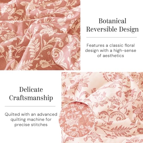 BLOOMHAVEN Quilt Set Queen Size, Clay Pink Floral Quilt Sets, Reversible Bedspread Lightweight and Breathable for All Seasons, Soft Quilted Bedspread with 2 Pillow Shams - Image 3