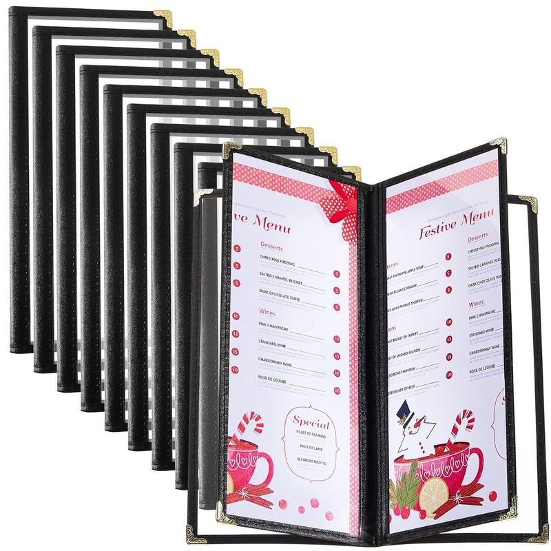 Ziliny 10 Pcs 4.5 x 11 Inches Transparent Restaurant Menu Holders Clear Menu Covers with Metal Corners Black Folder Menu Book Menu Sleeves for Wine Drinks Coffee Bars Restaurant (4 Page 8 View) - Image 1