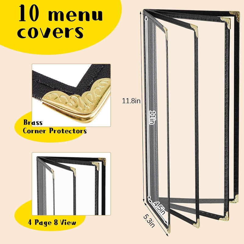 Ziliny 10 Pcs 4.5 x 11 Inches Transparent Restaurant Menu Holders Clear Menu Covers with Metal Corners Black Folder Menu Book Menu Sleeves for Wine Drinks Coffee Bars Restaurant (4 Page 8 View) - Image 2
