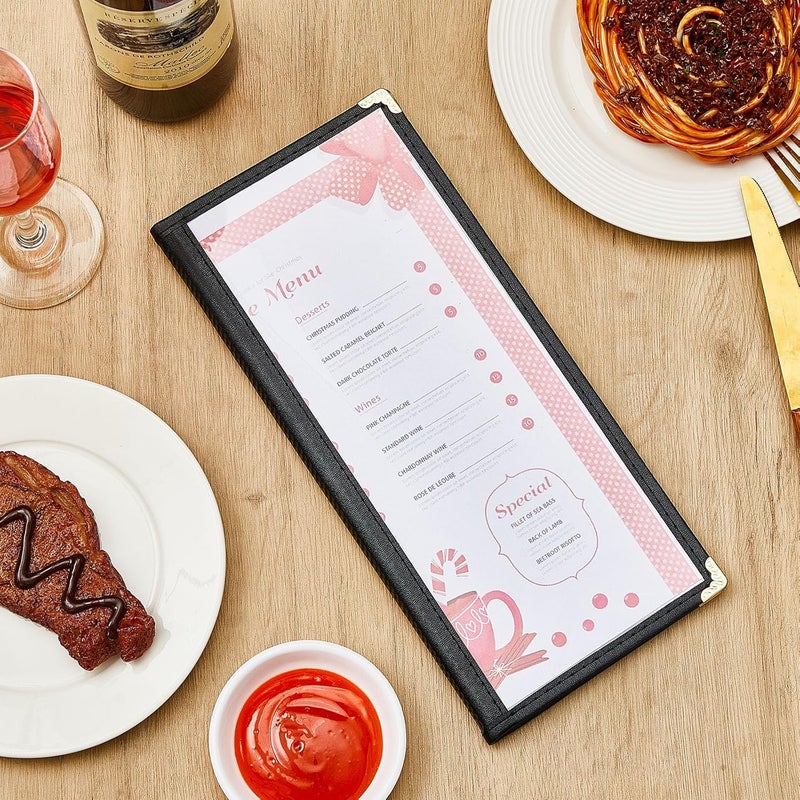 Ziliny 10 Pcs 4.5 x 11 Inches Transparent Restaurant Menu Holders Clear Menu Covers with Metal Corners Black Folder Menu Book Menu Sleeves for Wine Drinks Coffee Bars Restaurant (4 Page 8 View) - Image 3