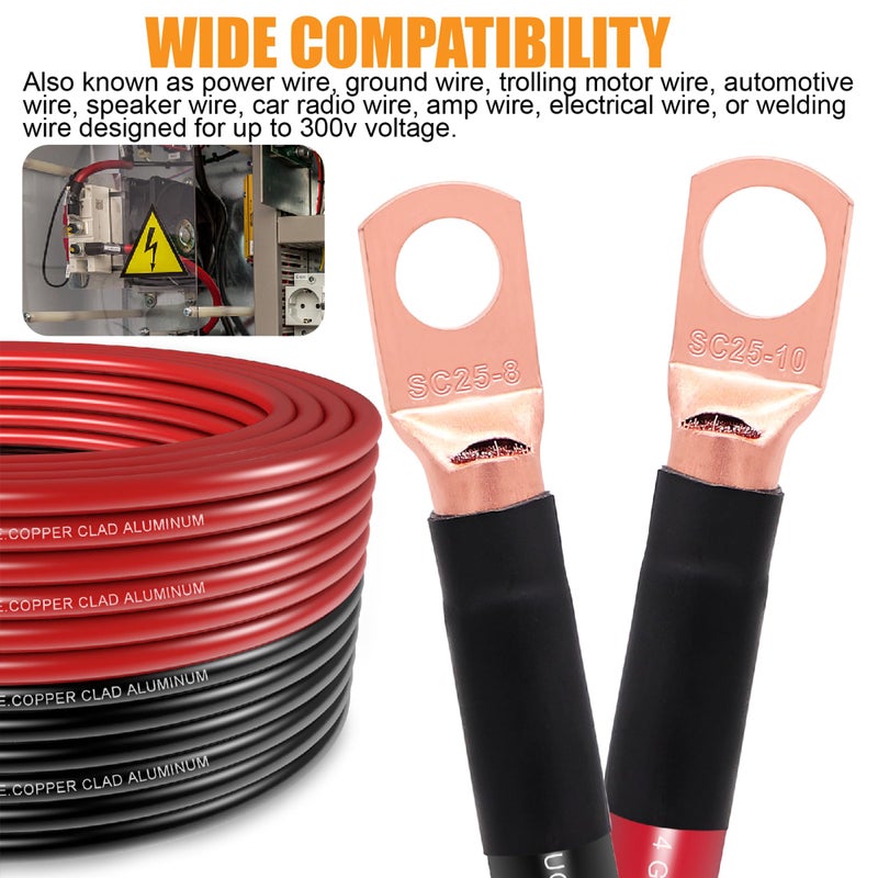 Fuzbaxy 4 Gauge Wire (25Feet Black+25Feet Red) Copper Clad Aluminum CCA - Primary Automotive Power Inverter Wire,20PCS Lugs Terminal Connectors,20PCS Heat Shrink Tubing for Car Audio - Image 4