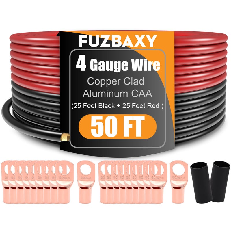 Fuzbaxy 4 Gauge Wire (25Feet Black+25Feet Red) Copper Clad Aluminum CCA - Primary Automotive Power Inverter Wire,20PCS Lugs Terminal Connectors,20PCS Heat Shrink Tubing for Car Audio - Image 1