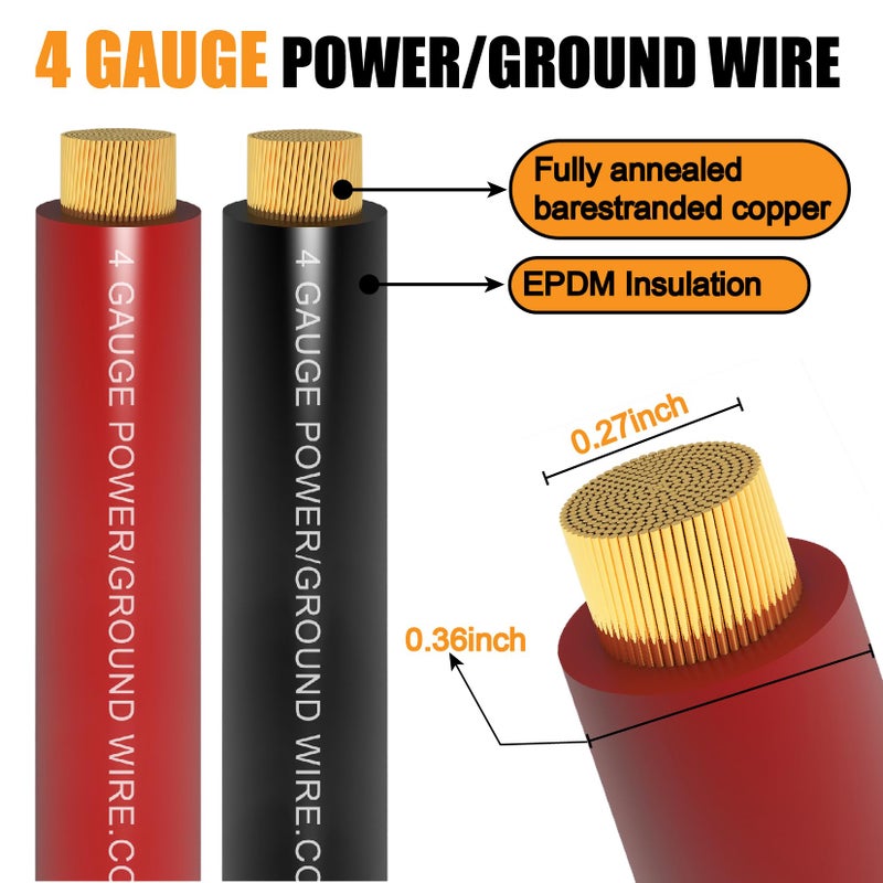 Fuzbaxy 4 Gauge Wire (25Feet Black+25Feet Red) Copper Clad Aluminum CCA - Primary Automotive Power Inverter Wire,20PCS Lugs Terminal Connectors,20PCS Heat Shrink Tubing for Car Audio - Image 2