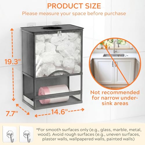 Ofiray-home Plastic Bag Holder, Grocery Bag Holder with Trash Bag Roll Dispenser, Wall Mounted Soft Fabric Trash Bag Dispenser (Not Rigid), 14.6" L × 7.7" W × 19.3" H, for Kitchen Pantry Laundry Garage, Gray - Image 2