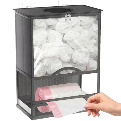 Ofiray-home Plastic Bag Holder, Grocery Bag Holder with Trash Bag Roll Dispenser, Wall Mounted Soft Fabric Trash Bag Dispenser (Not Rigid), 14.6" L × 7.7" W × 19.3" H, for Kitchen Pantry Laundry Garage, Gray - Image 1