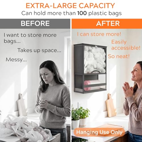 Ofiray-home Plastic Bag Holder, Grocery Bag Holder with Trash Bag Roll Dispenser, Wall Mounted Soft Fabric Trash Bag Dispenser (Not Rigid), 14.6" L × 7.7" W × 19.3" H, for Kitchen Pantry Laundry Garage, Gray - Image 3