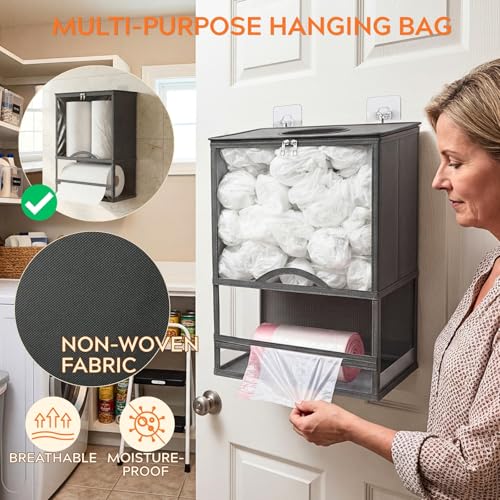 Ofiray-home Plastic Bag Holder, Grocery Bag Holder with Trash Bag Roll Dispenser, Wall Mounted Soft Fabric Trash Bag Dispenser (Not Rigid), 14.6" L × 7.7" W × 19.3" H, for Kitchen Pantry Laundry Garage, Gray - Image 4