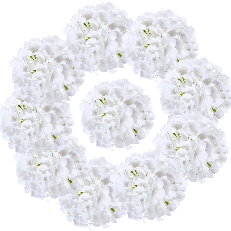 LUSHIDI Silk Hydrangea Heads with Stems Artificial Flowers Heads for Home Wedding Decor,Pack of 10 (White) - Image 1