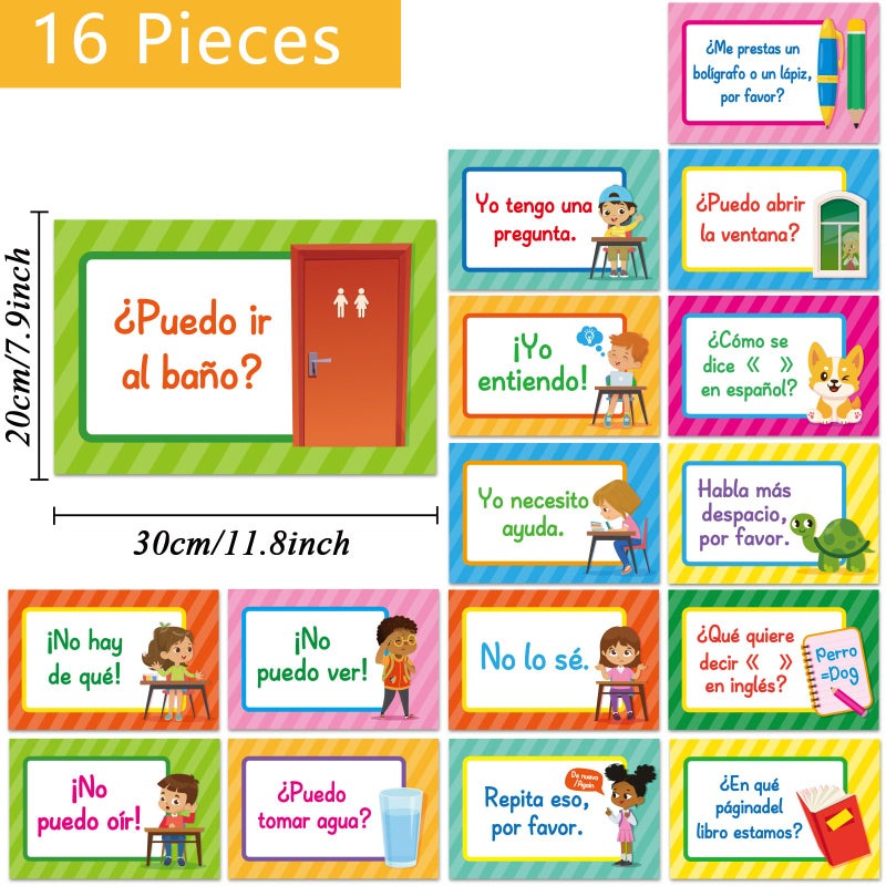 OBUSATT 16 Pieces Spanish Poster Set Spanish Phrases Classroom Decorations Spanish Theme Learning Poster Study Materials for Teachers Primary and Preschool School Classroom Language Study Classroom Decor - Image 2